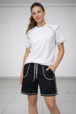 Spor Tişört Şort Takım Kontrast Dikiş Detaylı Ovarsize Rahat Kalıp - Beyaz - Görsel 4