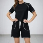 Spor Tişört Şort Takım Kontrast Dikiş Detaylı Ovarsize Rahat Kalıp - Siyah