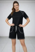 Spor Tişört Şort Takım Kontrast Dikiş Detaylı Ovarsize Rahat Kalıp - Siyah