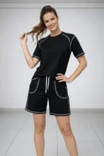 Spor Tişört Şort Takım Kontrast Dikiş Detaylı Ovarsize Rahat Kalıp - Siyah - Görsel 4