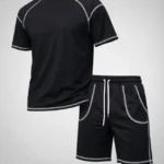 Erkek Spor Tişört Şort Takım Kontrast Dikiş Detaylı Ovarsize Rahat Kalıp - Siyah