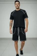 Erkek Spor Tişört Şort Takım Kontrast Dikiş Detaylı Ovarsize Rahat Kalıp - Siyah - Görsel 2