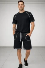 Erkek Spor Tişört Şort Takım Kontrast Dikiş Detaylı Ovarsize Rahat Kalıp - Siyah - Görsel 3