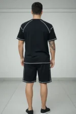 Erkek Spor Tişört Şort Takım Kontrast Dikiş Detaylı Ovarsize Rahat Kalıp - Siyah - Görsel 4