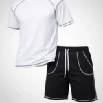 Erkek Spor Tişört Şort Takım Kontrast Dikiş Detaylı Ovarsize Rahat Kalıp - Beyaz