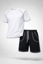 Erkek Spor Tişört Şort Takım Kontrast Dikiş Detaylı Ovarsize Rahat Kalıp - Beyaz