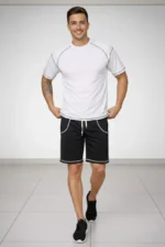 Erkek Spor Tişört Şort Takım Kontrast Dikiş Detaylı Ovarsize Rahat Kalıp - Beyaz - Görsel 2