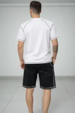 Erkek Spor Tişört Şort Takım Kontrast Dikiş Detaylı Ovarsize Rahat Kalıp - Beyaz - Görsel 3
