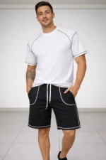 Erkek Spor Tişört Şort Takım Kontrast Dikiş Detaylı Ovarsize Rahat Kalıp - Beyaz - Görsel 4