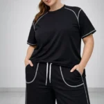 Battal Beden Kısa Kollu Tişört Şort Takım Kontrast Dikiş Detaylı Günlük Ev Giyimi - Siyah