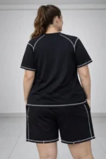 Battal Beden Kısa Kollu Tişört Şort Takım Kontrast Dikiş Detaylı Günlük Ev Giyimi - Siyah - Görsel 3
