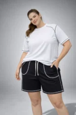 Battal Beden Kısa Kollu Tişört Şort Takım Kontrast Dikiş Detaylı Günlük Ev Giyimi - Beyaz - Görsel 2