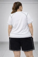 Battal Beden Kısa Kollu Tişört Şort Takım Kontrast Dikiş Detaylı Günlük Ev Giyimi - Beyaz - Görsel 3