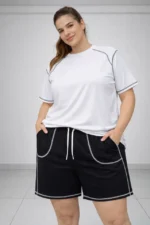 Battal Beden Kısa Kollu Tişört Şort Takım Kontrast Dikiş Detaylı Günlük Ev Giyimi - Beyaz - Görsel 4