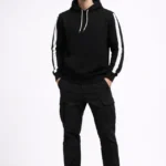 Erkek Şeritli Kapüşonlu Sweatshirt Oversize 3 Iplik Pamuklu - Siyah