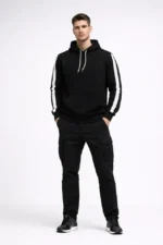 Erkek Şeritli Kapüşonlu Sweatshirt Oversize 3 Iplik Pamuklu - Siyah