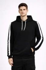 Erkek Şeritli Kapüşonlu Sweatshirt Oversize 3 Iplik Pamuklu - Siyah - Görsel 2