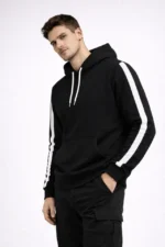 Erkek Şeritli Kapüşonlu Sweatshirt Oversize 3 Iplik Pamuklu - Siyah - Görsel 3
