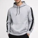 Erkek Şeritli Kapüşonlu Sweatshirt Oversize 3 Iplik Pamuklu - Beyaz