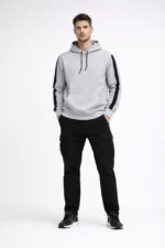 Erkek Şeritli Kapüşonlu Sweatshirt Oversize 3 Iplik Pamuklu - Beyaz - Görsel 2