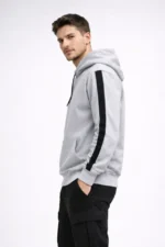 Erkek Şeritli Kapüşonlu Sweatshirt Oversize 3 Iplik Pamuklu - Beyaz - Görsel 3