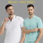 Erkek 2’li Paket Triko Yakalı Düğmesiz Açık Yaka Fitilli Kısa Kollu Regular Fit Tişört - Beyaz - Mint Yeşili