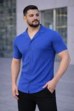 Erkek Waffle Dokuma Açık Yakalı Düğmeli Regular Kalıp 3’lü Gömlek Seti - Gri, Saks Mavisi, Beyaz - Görsel 2