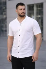 Erkek Waffle Dokuma Açık Yakalı Düğmeli Regular Kalıp 3’lü Gömlek Seti - Bej, Beyaz, Lacivert - Görsel 2