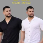 Erkek Waffle Dokuma Açık Yakalı Düğmeli Regular Kalıp 2’li Gömlek Seti - Siyah - Beyaz