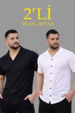 Erkek Waffle Dokuma Açık Yakalı Düğmeli Regular Kalıp 2’li Gömlek Seti - Siyah - Beyaz