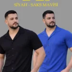 Erkek Waffle Dokuma Açık Yakalı Düğmeli Regular Kalıp 2’li Gömlek Seti - Siyah - Saks Mavisi