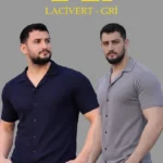 Erkek Waffle Dokuma Açık Yakalı Düğmeli Regular Kalıp 2’li Gömlek Seti - Lacivert - Gri