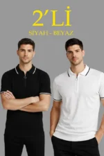 Erkek 2’li Paket Dokuma Triko  Fermuarlı Yakalı Fitilli Kısa Kollu Regular Fit Tişört - Beyaz - Siyah
