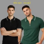 Erkek 2’li Paket Dokuma Triko  Fermuarlı Yakalı Fitilli Kısa Kollu Regular Fit Tişört - Haki - Siyah