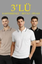 Erkek 3’lü Paket Dokuma Triko  Fermuarlı Yakalı Fitilli Kısa Kollu Regular Fit Tişört - Kahverengi, Beyaz, Siyah