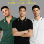 Erkek 3’lü Paket Dokuma Triko  Fermuarlı Yakalı Fitilli Kısa Kollu Regular Fit Tişört - Beyaz, Haki, Siyah