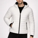 Erkek Şişme Kapüşonlu Fermuarlı Mont Su Itici Kapitone Astarlı Kumaş Cepli Kışlık Rahat Kalıp - Krem