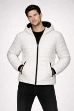 Erkek Şişme Kapüşonlu Fermuarlı Mont Su Itici Kapitone Astarlı Kumaş Cepli Kışlık Rahat Kalıp - Krem - Görsel 2