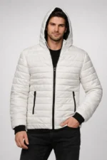 Erkek Şişme Kapüşonlu Fermuarlı Mont Su Itici Kapitone Astarlı Kumaş Cepli Kışlık Rahat Kalıp - Krem - Görsel 4