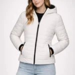 Şişme Kapüşonlu Fermuarlı Mont Su Itici Kapitone Astarlı Kumaş Cepli Kışlık Rahat Kalıp - Krem