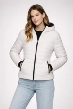 Şişme Kapüşonlu Fermuarlı Mont Su Itici Kapitone Astarlı Kumaş Cepli Kışlık Rahat Kalıp - Krem