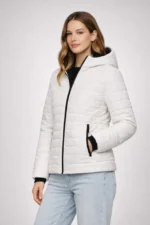 Şişme Kapüşonlu Fermuarlı Mont Su Itici Kapitone Astarlı Kumaş Cepli Kışlık Rahat Kalıp - Krem - Görsel 3