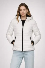 Şişme Kapüşonlu Fermuarlı Mont Su Itici Kapitone Astarlı Kumaş Cepli Kışlık Rahat Kalıp - Krem - Görsel 4