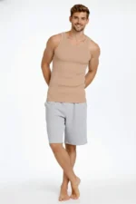 Erkek Fitilli Atlet Sıfır Yaka Slim Fit Arka Baskılı Spor Atlet - Bej - Görsel 2
