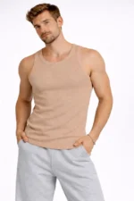 Erkek Fitilli Atlet Sıfır Yaka Slim Fit Arka Baskılı Spor Atlet - Bej - Görsel 3