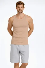 Erkek Fitilli Atlet Sıfır Yaka Slim Fit Arka Baskılı Spor Atlet - Bej - Görsel 4