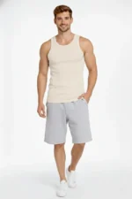 Erkek Fitilli Atlet Sıfır Yaka Slim Fit Arka Baskılı Spor Atlet - Krem - Görsel 2