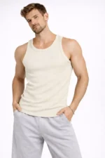Erkek Fitilli Atlet Sıfır Yaka Slim Fit Arka Baskılı Spor Atlet - Krem - Görsel 4