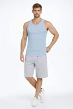 Erkek Fitilli Atlet Sıfır Yaka Slim Fit Arka Baskılı Spor Atlet - Bebe Mavisi