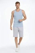 Erkek Fitilli Atlet Sıfır Yaka Slim Fit Arka Baskılı Spor Atlet - Bebe Mavisi - Görsel 2